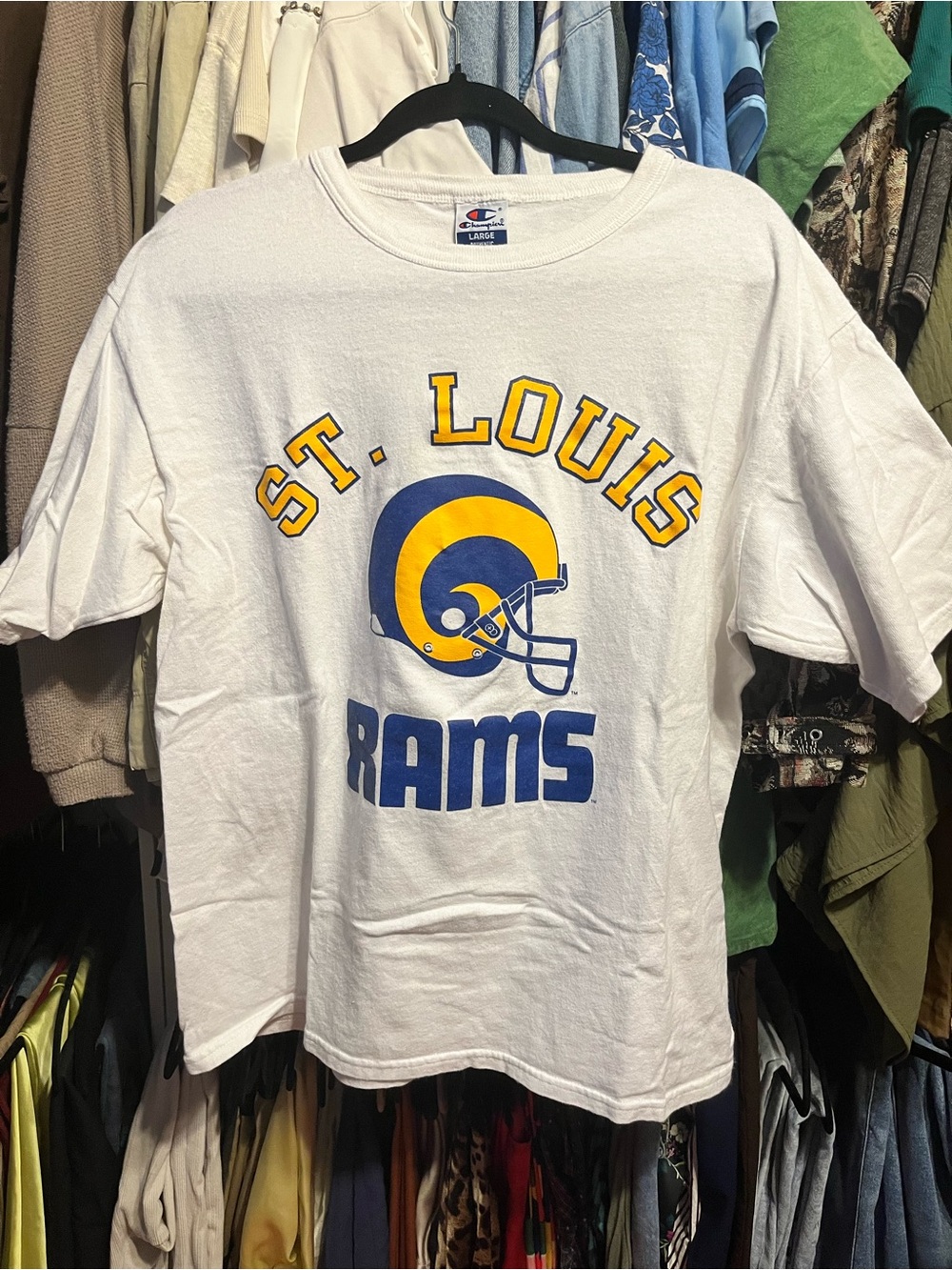 Vintage St. Louis Rams Champion T-Shirt White NFL Football Logo Tee Size Large